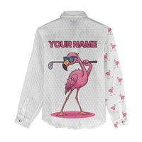 Personalized Pink Flamingo Playing Golf Women Casual Shirt Sunglasses and White Pattern Background Design - Wonder Print Shop