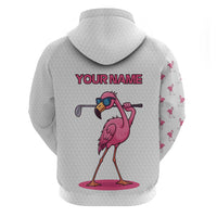 Personalized Pink Flamingo Playing Golf Zip Hoodie Sunglasses and White Pattern Background Design - Wonder Print Shop