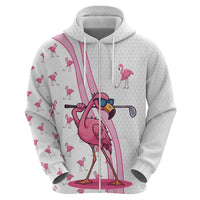 Personalized Pink Flamingo Playing Golf Zip Hoodie Sunglasses and White Pattern Background Design - Wonder Print Shop