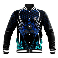 Billiards Design Baseball Jacket with Blue Flame Eight Ball and Lightning Pattern in Black Cyan Gradient Background - Wonder Print Shop