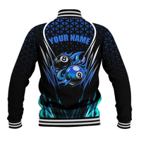 Billiards Design Baseball Jacket with Blue Flame Eight Ball and Lightning Pattern in Black Cyan Gradient Background - Wonder Print Shop