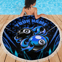 Billiards Design Beach Blanket with Blue Flame Eight Ball and Lightning Pattern in Black Cyan Gradient Background - Wonder Print Shop