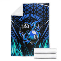 Billiards Design Blanket with Blue Flame Eight Ball and Lightning Pattern in Black Cyan Gradient Background - Wonder Print Shop