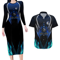Billiards Design Couples Matching Long Sleeve Bodycon Dress and Hawaiian Shirt with Blue Flame Eight Ball and Lightning Pattern in Black Cyan Gradient Background - Wonder Print Shop