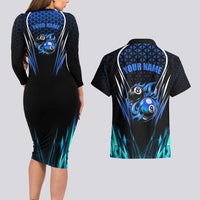 Billiards Design Couples Matching Long Sleeve Bodycon Dress and Hawaiian Shirt with Blue Flame Eight Ball and Lightning Pattern in Black Cyan Gradient Background - Wonder Print Shop