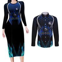 Billiards Design Couples Matching Long Sleeve Bodycon Dress and Long Sleeve Button Shirt with Blue Flame Eight Ball and Lightning Pattern in Black Cyan Gradient Background - Wonder Print Shop