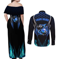 Billiards Design Couples Matching Off Shoulder Maxi Dress and Long Sleeve Button Shirt with Blue Flame Eight Ball and Lightning Pattern in Black Cyan Gradient Background - Wonder Print Shop
