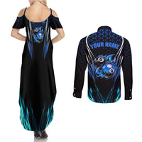 Billiards Design Couples Matching Summer Maxi Dress and Long Sleeve Button Shirt with Blue Flame Eight Ball and Lightning Pattern in Black Cyan Gradient Background - Wonder Print Shop