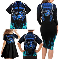 Billiards Design Family Matching Long Sleeve Bodycon Dress and Hawaiian Shirt with Blue Flame Eight Ball and Lightning Pattern in Black Cyan Gradient Background - Wonder Print Shop