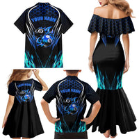 Billiards Design Family Matching Mermaid Dress and Hawaiian Shirt with Blue Flame Eight Ball and Lightning Pattern in Black Cyan Gradient Background - Wonder Print Shop