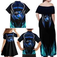 Billiards Design Family Matching Off Shoulder Maxi Dress and Hawaiian Shirt with Blue Flame Eight Ball and Lightning Pattern in Black Cyan Gradient Background - Wonder Print Shop