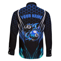 Billiards Design Family Matching Off Shoulder Maxi Dress and Hawaiian Shirt with Blue Flame Eight Ball and Lightning Pattern in Black Cyan Gradient Background - Wonder Print Shop