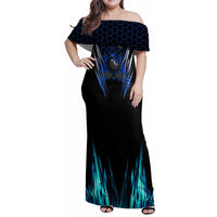 Billiards Design Family Matching Off Shoulder Maxi Dress and Hawaiian Shirt with Blue Flame Eight Ball and Lightning Pattern in Black Cyan Gradient Background - Wonder Print Shop