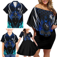 Billiards Design Family Matching Off Shoulder Short Dress and Hawaiian Shirt with Blue Flame Eight Ball and Lightning Pattern in Black Cyan Gradient Background - Wonder Print Shop