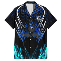 Billiards Design Family Matching Off Shoulder Short Dress and Hawaiian Shirt with Blue Flame Eight Ball and Lightning Pattern in Black Cyan Gradient Background - Wonder Print Shop
