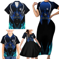 Billiards Design Family Matching Short Sleeve Bodycon Dress and Hawaiian Shirt with Blue Flame Eight Ball and Lightning Pattern in Black Cyan Gradient Background - Wonder Print Shop