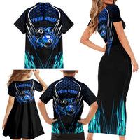 Billiards Design Family Matching Short Sleeve Bodycon Dress and Hawaiian Shirt with Blue Flame Eight Ball and Lightning Pattern in Black Cyan Gradient Background - Wonder Print Shop