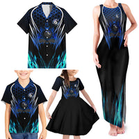 Billiards Design Family Matching Tank Maxi Dress and Hawaiian Shirt with Blue Flame Eight Ball and Lightning Pattern in Black Cyan Gradient Background - Wonder Print Shop
