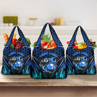 Billiards Design Grocery Bag with Blue Flame Eight Ball and Lightning Pattern in Black Cyan Gradient Background - Wonder Print Shop