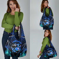 Billiards Design Grocery Bag with Blue Flame Eight Ball and Lightning Pattern in Black Cyan Gradient Background - Wonder Print Shop