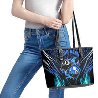Billiards Design Leather Tote Bag with Blue Flame Eight Ball and Lightning Pattern in Black Cyan Gradient Background - Wonder Print Shop