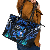Billiards Design Leather Tote Bag with Blue Flame Eight Ball and Lightning Pattern in Black Cyan Gradient Background - Wonder Print Shop