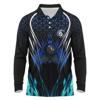Billiards Design Long Sleeve Polo Shirt with Blue Flame Eight Ball and Lightning Pattern in Black Cyan Gradient Background - Wonder Print Shop