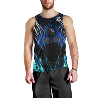 Billiards Design Men Tank Top with Blue Flame Eight Ball and Lightning Pattern in Black Cyan Gradient Background - Wonder Print Shop