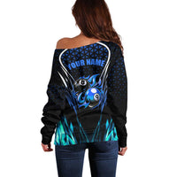 Billiards Design Off Shoulder Sweater with Blue Flame Eight Ball and Lightning Pattern in Black Cyan Gradient Background - Wonder Print Shop