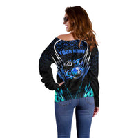 Billiards Design Off Shoulder Sweater with Blue Flame Eight Ball and Lightning Pattern in Black Cyan Gradient Background - Wonder Print Shop