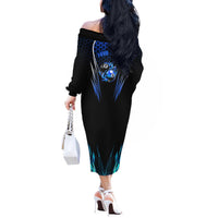 Billiards Design Off The Shoulder Long Sleeve Dress with Blue Flame Eight Ball and Lightning Pattern in Black Cyan Gradient Background - Wonder Print Shop