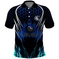 Billiards Design Polo Shirt with Blue Flame Eight Ball and Lightning Pattern in Black Cyan Gradient Background - Wonder Print Shop