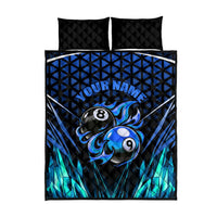 Billiards Design Quilt Bed Set with Blue Flame Eight Ball and Lightning Pattern in Black Cyan Gradient Background - Wonder Print Shop