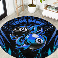 Billiards Design Round Carpet with Blue Flame Eight Ball and Lightning Pattern in Black Cyan Gradient Background - Wonder Print Shop