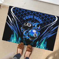 Billiards Design Rubber Doormat with Blue Flame Eight Ball and Lightning Pattern in Black Cyan Gradient Background - Wonder Print Shop