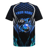 Billiards Design Rugby Jersey with Blue Flame Eight Ball and Lightning Pattern in Black Cyan Gradient Background - Wonder Print Shop