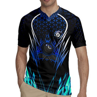Billiards Design Rugby Jersey with Blue Flame Eight Ball and Lightning Pattern in Black Cyan Gradient Background - Wonder Print Shop