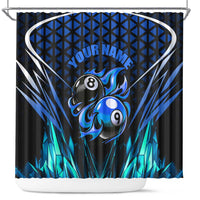 Billiards Design Shower Curtain with Blue Flame Eight Ball and Lightning Pattern in Black Cyan Gradient Background - Wonder Print Shop