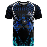 Billiards Design T Shirt with Blue Flame Eight Ball and Lightning Pattern in Black Cyan Gradient Background - Wonder Print Shop