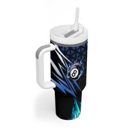 Billiards Design Tumbler With Handle with Blue Flame Eight Ball and Lightning Pattern in Black Cyan Gradient Background - Wonder Print Shop