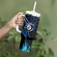 Billiards Design Tumbler With Handle with Blue Flame Eight Ball and Lightning Pattern in Black Cyan Gradient Background - Wonder Print Shop