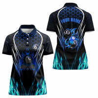 Billiards Design Women Polo Shirt with Blue Flame Eight Ball and Lightning Pattern in Black Cyan Gradient Background - Wonder Print Shop