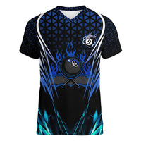 Billiards Design Women V-Neck T-Shirt with Blue Flame Eight Ball and Lightning Pattern in Black Cyan Gradient Background - Wonder Print Shop
