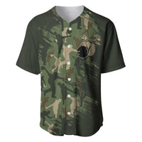 Bowling Camouflage Pattern Baseball Jersey with Ball and Pins Graphic in Army Green and Beige Brushstroke Design - Wonder Print Shop
