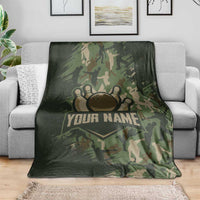 Bowling Camouflage Pattern Blanket with Ball and Pins Graphic in Army Green and Beige Brushstroke Design - Wonder Print Shop