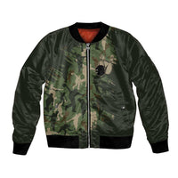 Bowling Camouflage Pattern Bomber Jacket with Ball and Pins Graphic in Army Green and Beige Brushstroke Design - Wonder Print Shop