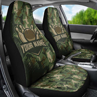 Bowling Camouflage Pattern Car Seat Cover with Ball and Pins Graphic in Army Green and Beige Brushstroke Design - Wonder Print Shop