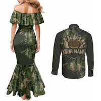 Bowling Camouflage Pattern Couples Matching Mermaid Dress and Long Sleeve Button Shirt with Ball and Pins Graphic in Army Green and Beige Brushstroke Design - Wonder Print Shop