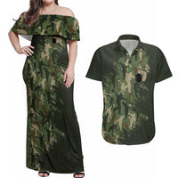 Bowling Camouflage Pattern Couples Matching Off Shoulder Maxi Dress and Hawaiian Shirt with Ball and Pins Graphic in Army Green and Beige Brushstroke Design - Wonder Print Shop