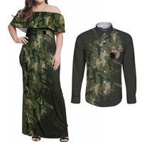 Bowling Camouflage Pattern Couples Matching Off Shoulder Maxi Dress and Long Sleeve Button Shirt with Ball and Pins Graphic in Army Green and Beige Brushstroke Design - Wonder Print Shop